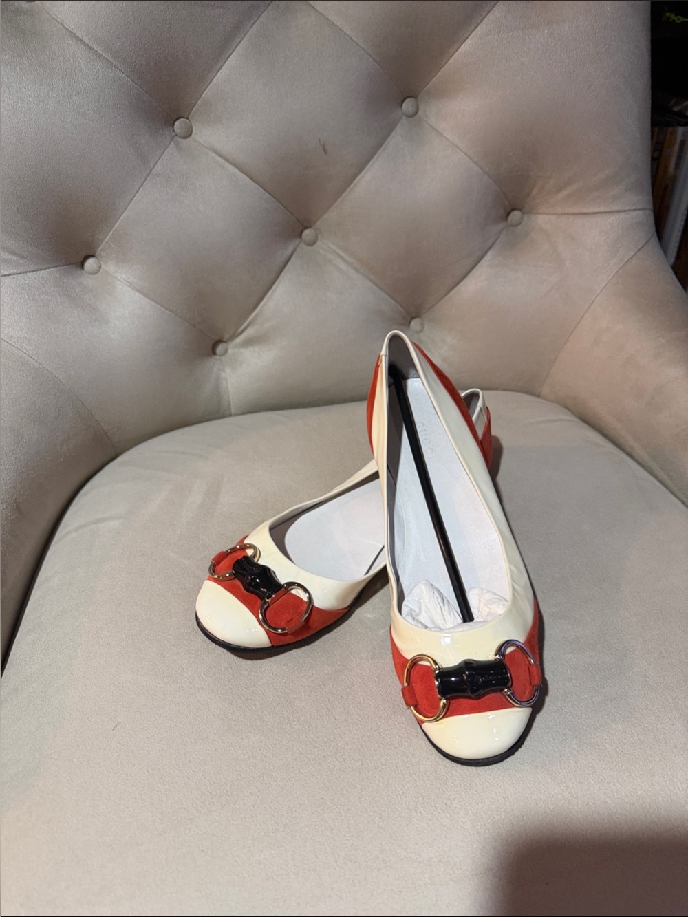 Gucci Orange and White Horsebit Patent Ballet Flats